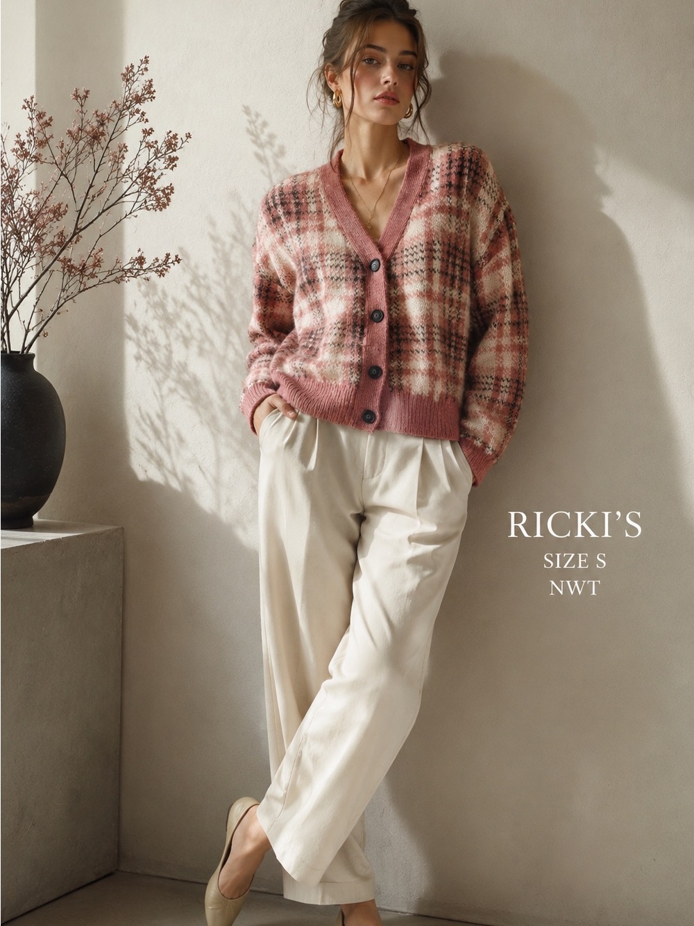 Ricki’s Pink Plaid Knit Cardigan Sweater Size S NWT
